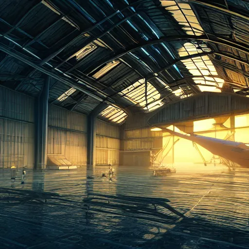 Image similar to futuristic hangar, crisp, artstation, luxury, beautiful, dim painterly volumetric aquatic sunset lighting, 3 d concept art