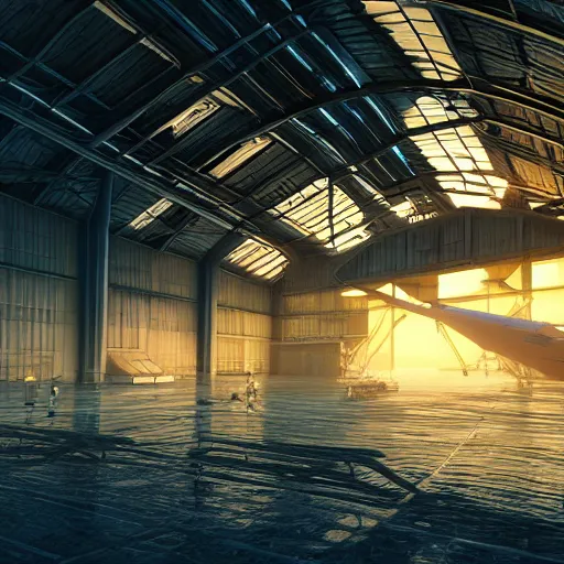 Prompt: futuristic hangar, crisp, artstation, luxury, beautiful, dim painterly volumetric aquatic sunset lighting, 3 d concept art