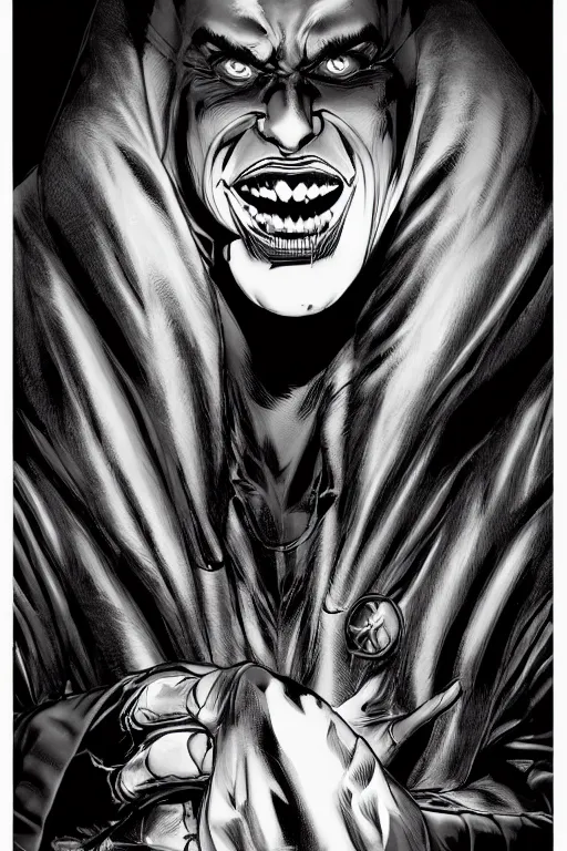 Image similar to aesthetic digital portrait of a handsome young man with a sinister grin by brian bolland, rachel birkett, alex ross, and neal adams | dark, intimidating, imposing, portrait, character concept, concept art, unreal engine, finalrender, centered, deviantart, artgerm