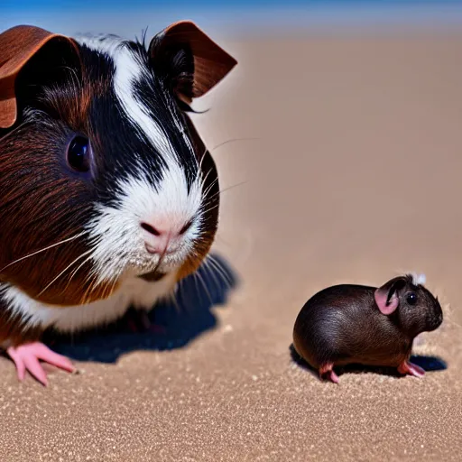 Image similar to a guinea pig using a metal detector on the beach, 4k photorealism