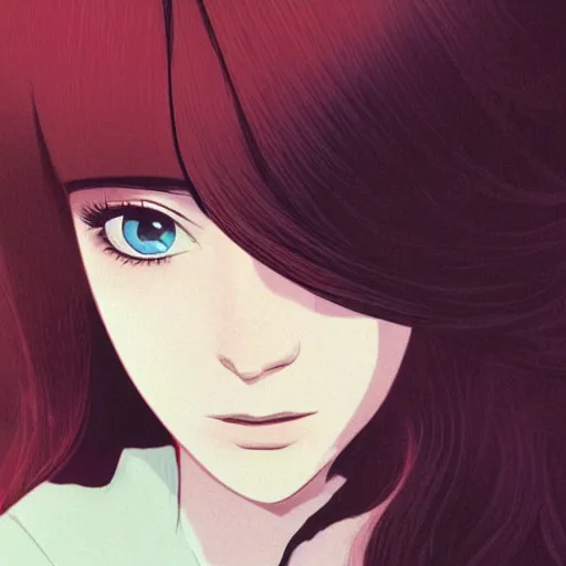 Image similar to Character portrait of a young beautiful woman with long flowing red hair in a lush park, beautiful face, long dark hair with bangs, wearing a black turtleneck sweater, highly detailed, cel shading, Studio Ghibli still, by Ilya Kuvshinov and Akihiko Yoshida