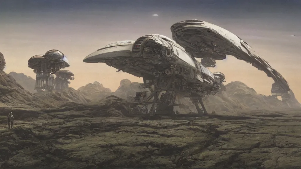 Image similar to small organic dropship lander by john schoenherr and jim burns, epic cinematic matte painting