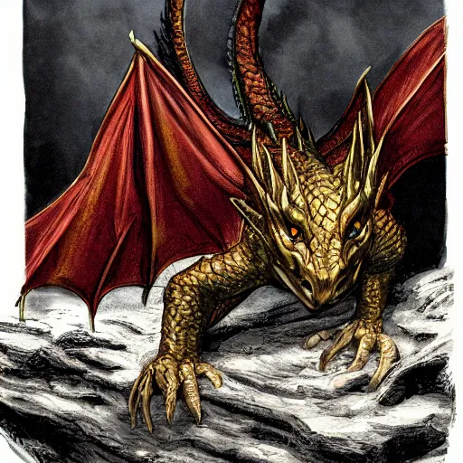 Prompt: Smaug the dragon from the Hobbit movies with the head of Nancy Pelosi, guarding her pile of treasure