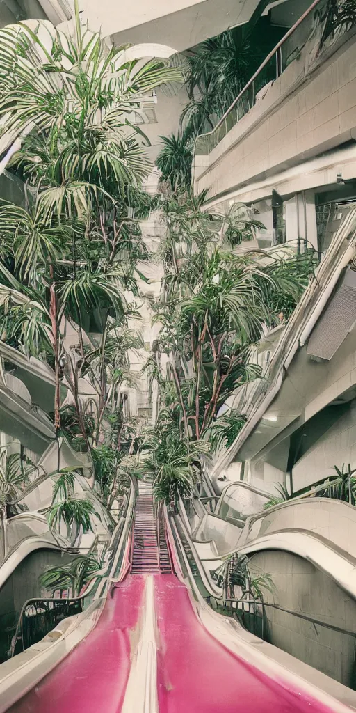 Prompt: 1980s magazine photo of an escalator in an abandoned mall, with interior potted palm trees, and decaying pink walls, dappled sunlight, cool lighting