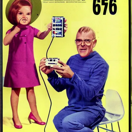 Prompt: 1 9 6 6 magazine ad with young lady holding a diy hf transceiver and surprised middle - aged man next to her, orwocolor