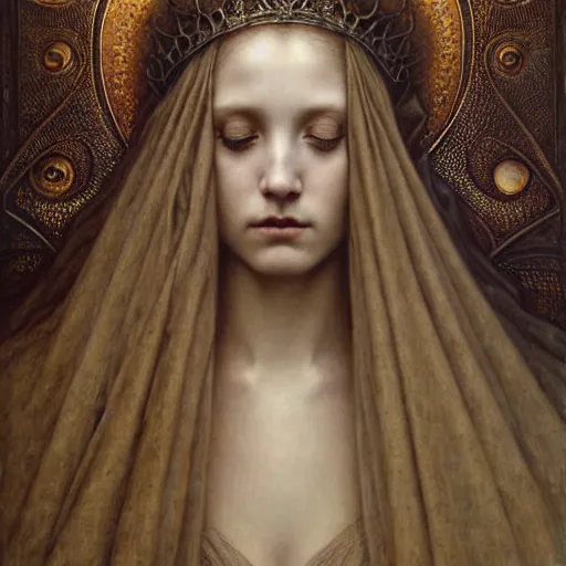 Image similar to detailed realistic beautiful young medieval queen face portrait by jean delville, tom bagshaw, brooke shaden, gustave dore and marco mazzoni, art nouveau, symbolist, visionary, gothic, pre - raphaelite, ornate gilded medieval icon, surreality, ethereal, unearthly, haunting, celestial, neo - gothic, ghostly, memento mori