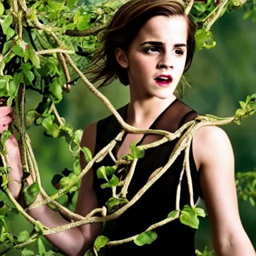 Image similar to angry angry emma watson hanging from and entangled in vines