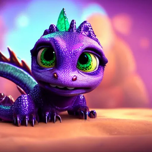 Image similar to adorable baby dragon, the dragon is purple and glittery, big eyes, Pixar CGI, octane render