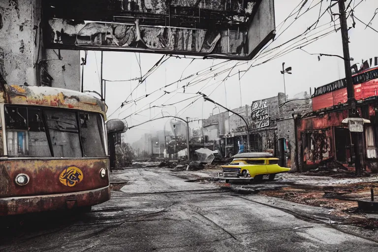 Prompt: low wide angle shot of dilapidated fallout 5, desolate rugged street, dilapidated neon signs, few rusted retro futuristic vintage parked vehicles like cars, ( ( ( buses, trucks, trams ) ) ), volumetric lighting, photorealistic, foggy, early evening, winter, sharp focus, ultra detailed, 4 0 0 0 k