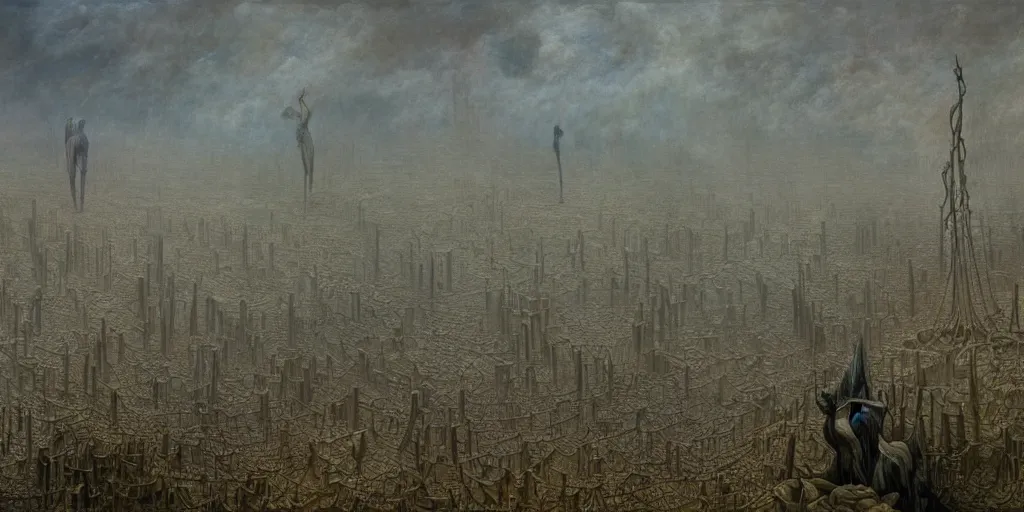 Prompt: the pits of despair, detailed matte painting of a foggy morning landscape by raqib shaw and alberto giacometti and beksiński and David Hocknet