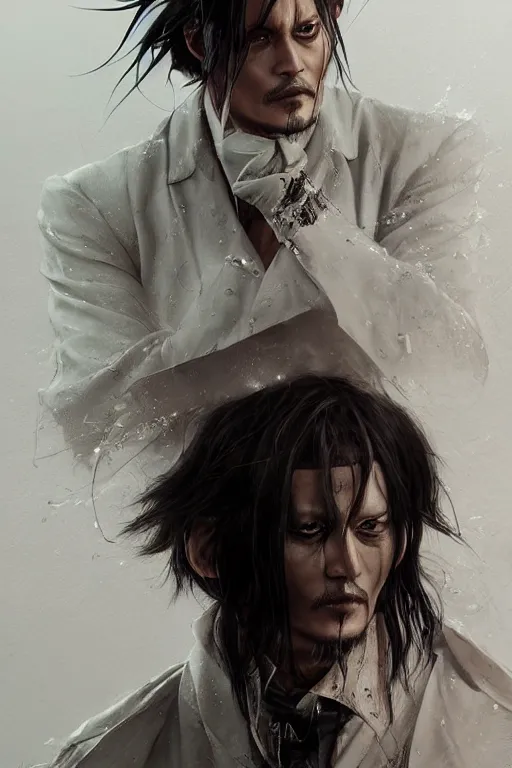 Image similar to johnny depp as uryu ishida quincy from anime bleach, dark, intricate, highly detailed, smooth, artstation, digital illustration by Ruan Jia and Mandy Jurgens and Artgerm and Wayne Barlowe and Greg Rutkowski and Zdislav Beksinski