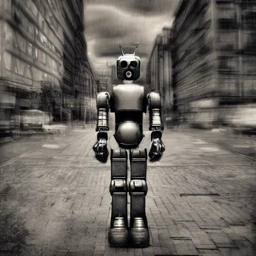 Prompt: highly detailed robot, dark dystopian city, dramatic clouds, instamatic photo, sepia