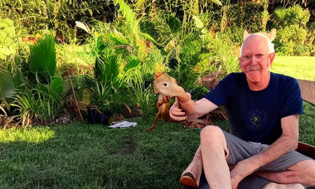 Image similar to My dad Steven Care just took a hit from the bongo and have good time being gracefully relaxed in the garden, sunset lighting