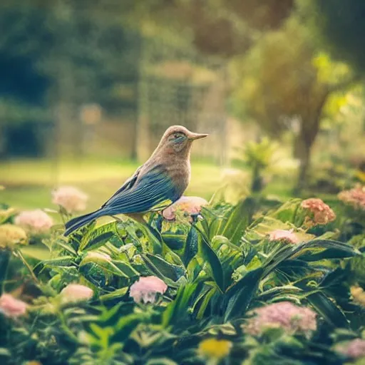 Image similar to A photo of a bird in the middle of a garden, 8K concept art, dreamy, garden, bushes, flowers, golden hour, vintage camera, detailed, UHD realistic faces, award winning photography, cinematic lighting