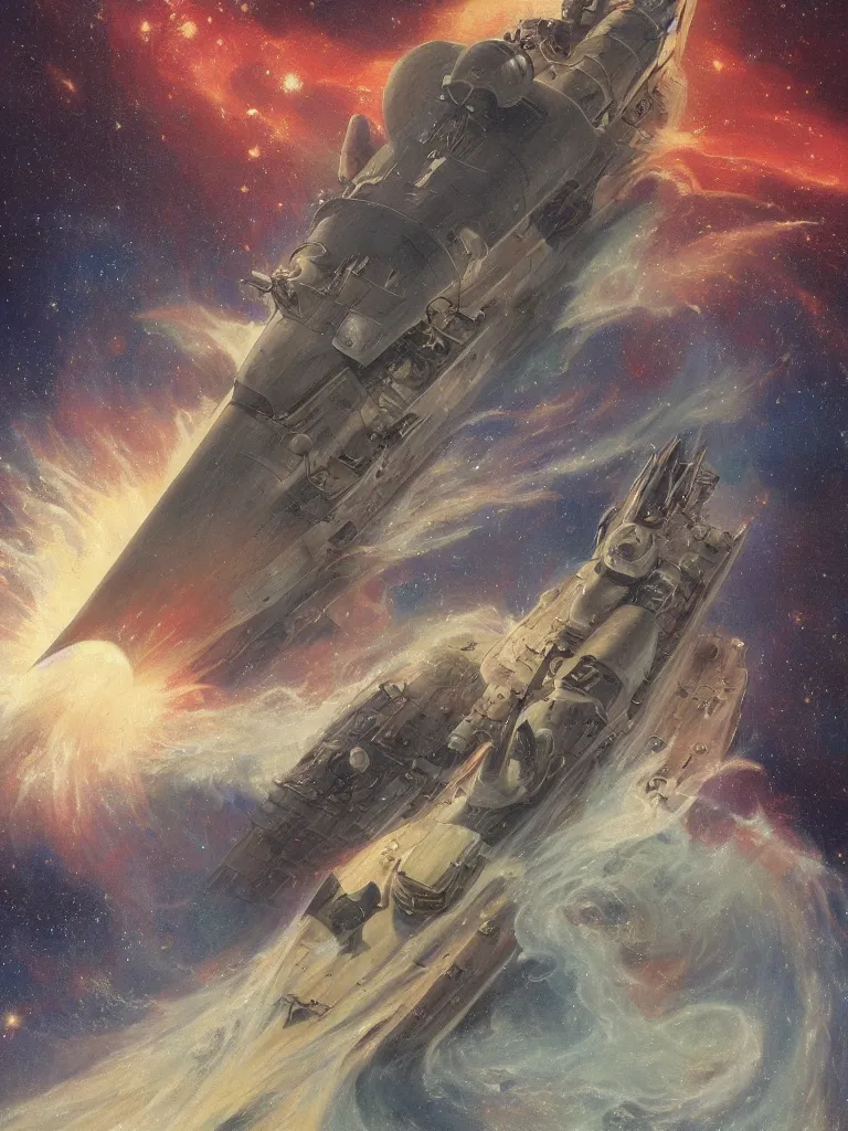 Image similar to World War II battleship going to lightspeed in a nebula, by Mucha, trending on ArtStation