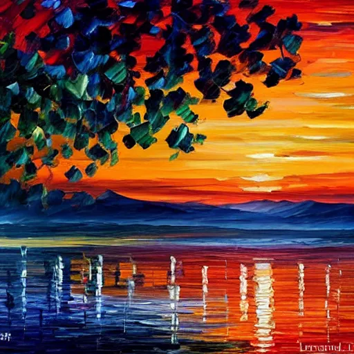 Image similar to sunset on the lake, by leonid afremov