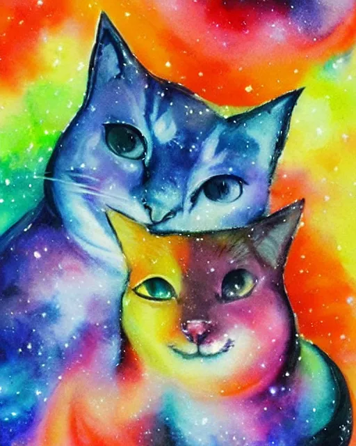 Prompt: cute galactic space cats, painted in water colors