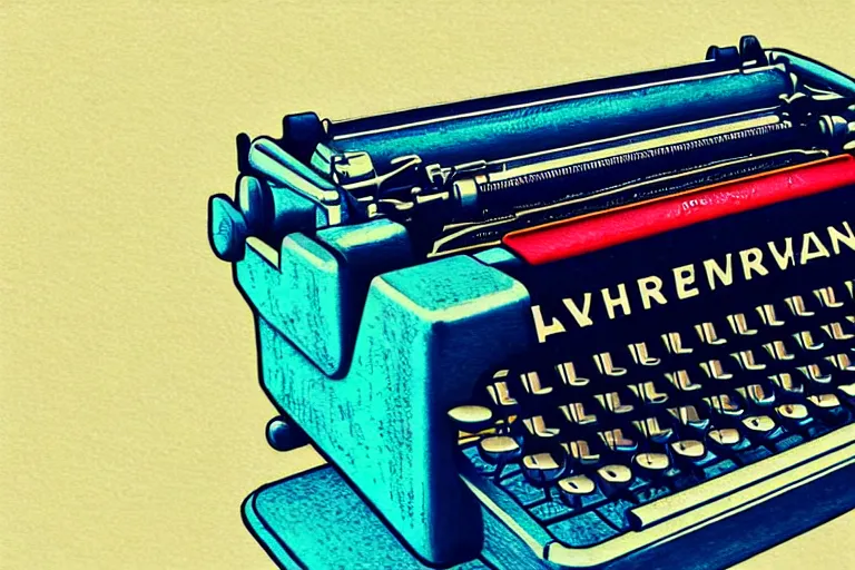 Image similar to typewriters!, in the style of john avon and raul urias and eva widermann, trending on artstation, halfrear lighting closeup view anaglyph filter, bokeh, anime, colored pencil art, belle epoque