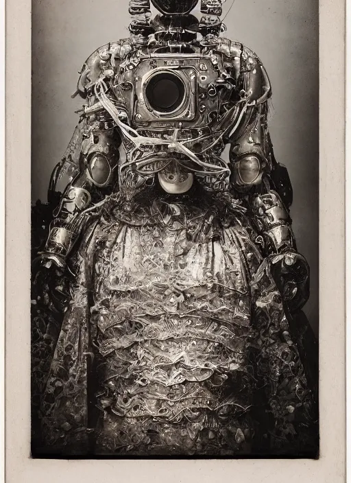 Image similar to old wetplate daguerreotype frame portrait of a futuristic silver armored geisha district 9 cyborg with computer mainframe screens, fractal, intricate, elegant, highly detailed, subsurface scattering, by jheronimus bosch and greg rutkowski and louis jacques mande daguerre