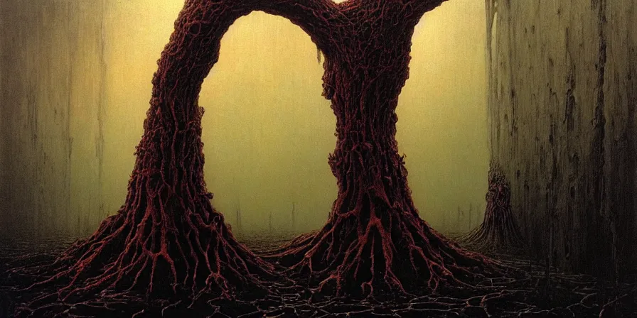 Prompt: Yggdrasil's downfall, Zdzislaw Beksinski, Wayne Barlowe, (H.R giger), gothic, biomorphic, amazing details, dystopian, surrealism, cold hue's, warm tone gradient background