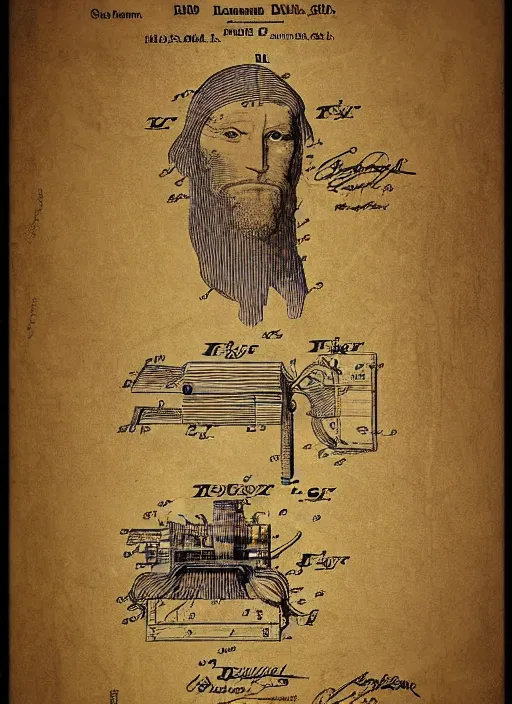 Image similar to vintage patent art for a kenner action figure by leonardo davinci, illustrations, intricate writing, labels, highly detailed