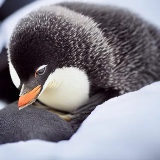 Image similar to baby penguin cuddling in a cosy bed