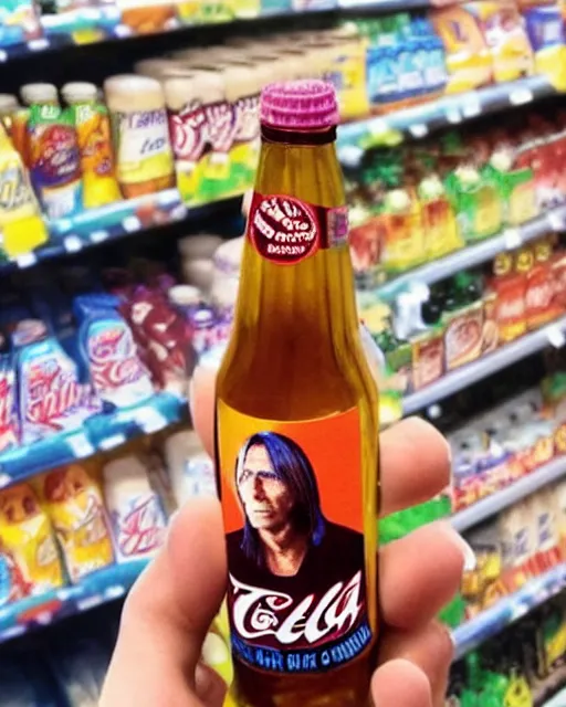 Prompt: a hand holding a bottle of cola with iggy pop's face on the label, inside a supermarket