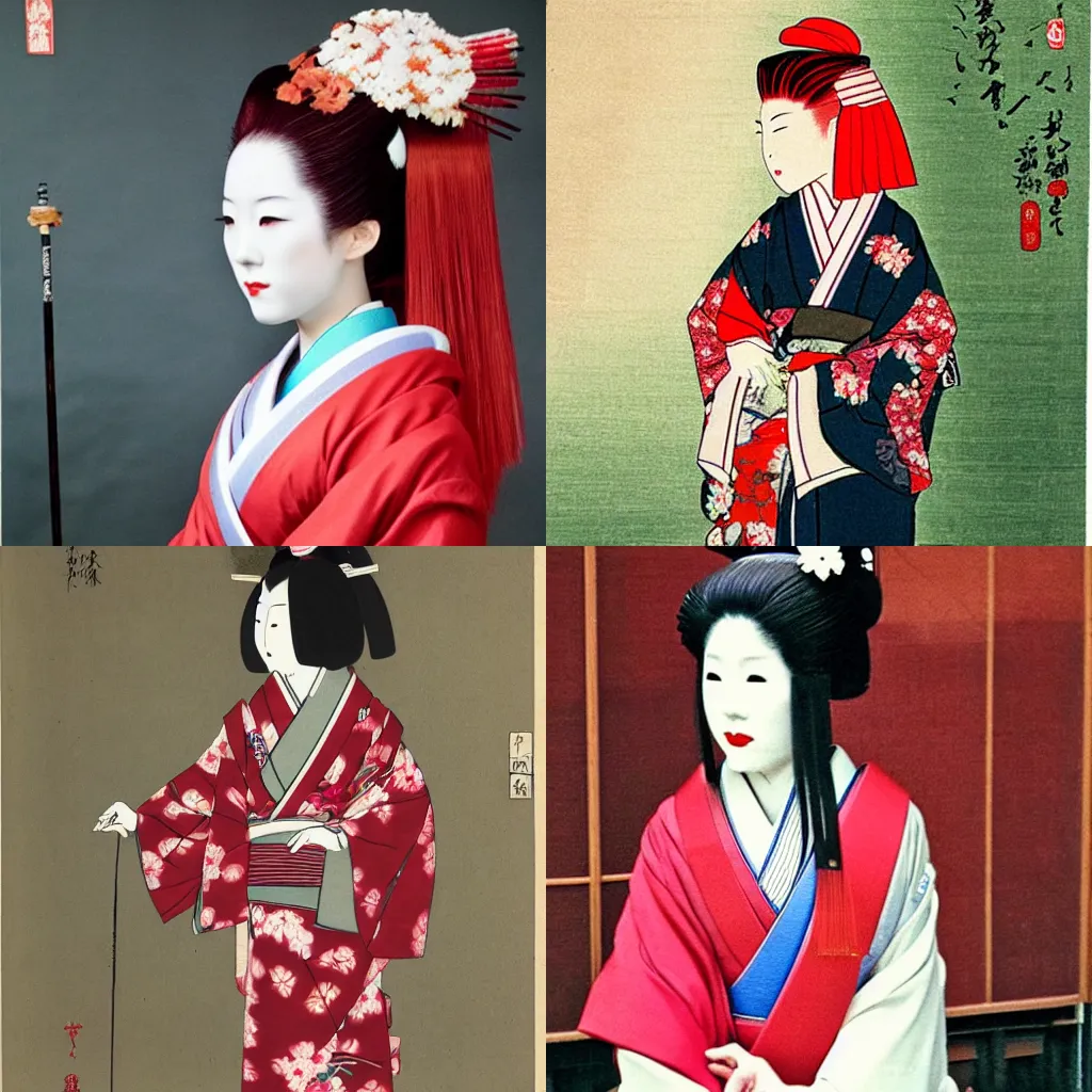 Prompt: a japanese geisha in traditional clothes with long red hair