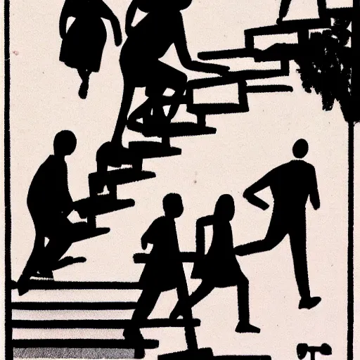 Prompt: chasing my dreams down a flight of stairs 1950s illustration