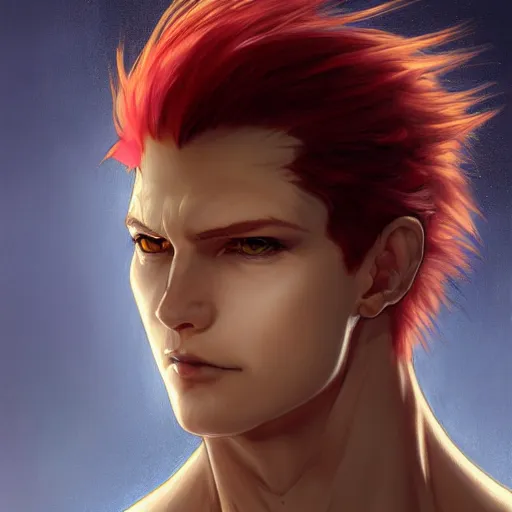 Prompt: portrait of hisoka morow hunter hunter, male, sharp jaw yellow eyes narrow sultry eyes red hair soft hair swept back smirk crimson medium length hair, anime, fantasy, intricate, elegant, highly detailed, digital painting, artstation, concept art, matte, sharp focus, illustration, art by artgerm and greg rutkowski and alphonse mucha