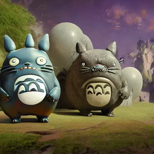 Image similar to totoro parade with pugs, intricate detail, royo, klimt, miro, vallejo, frazetta, giger, whealan, hd, unreal engine,