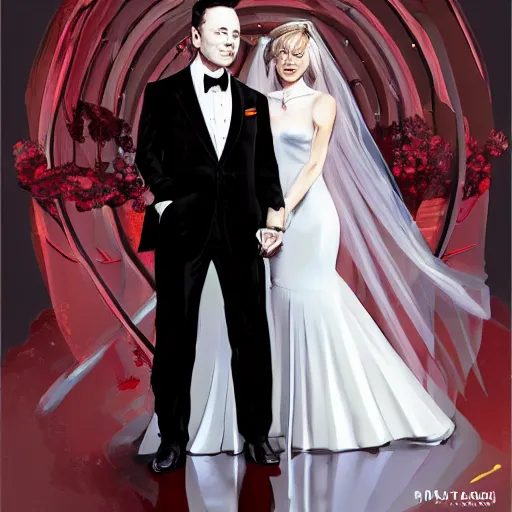 Image similar to Elon Musk in a wedding gown, romantic, concept art trending on artstation, sharp focus, highly detailed