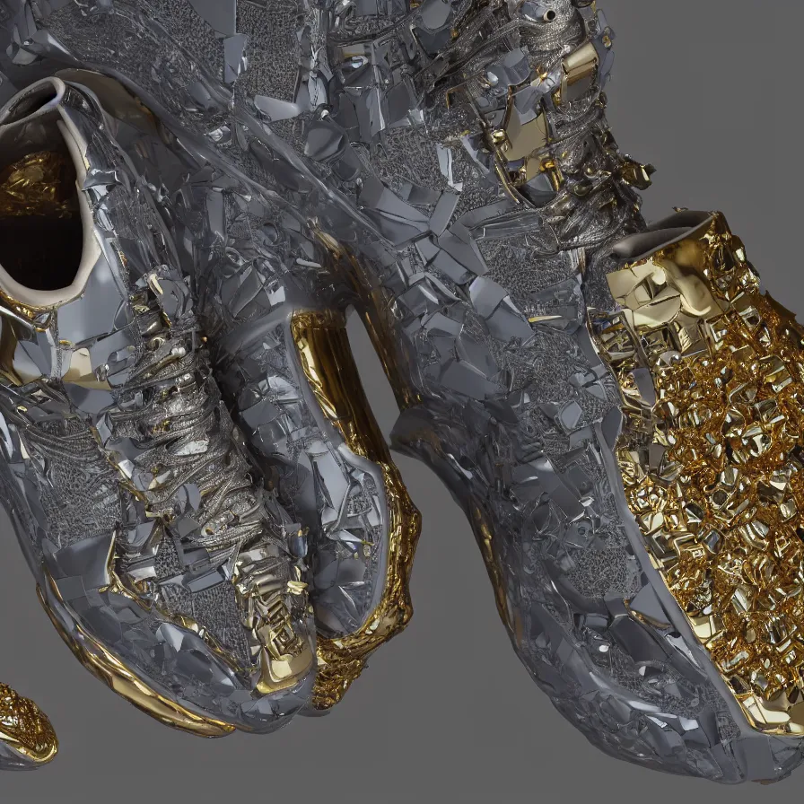 Image similar to futuristic balenciaga sneakers, nft art, highly detailed, hyper realistic, a ton of bussdown iced gold bling in wallace & gromit strata - cut claymation, ultra realistic, concept art, intricate details, serious, highly detailed, photorealistic, octane render, 8 k, unreal engine