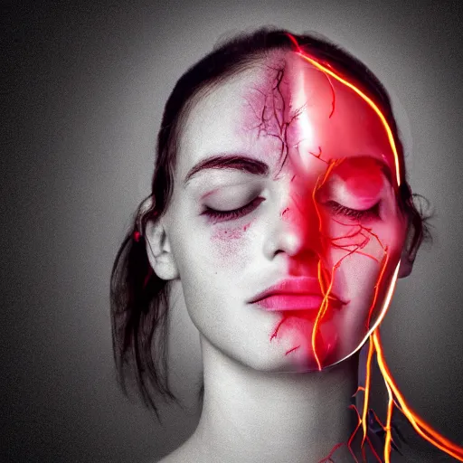 Image similar to headache being physically pulled out of a girl's head, red veins being pulled out of forehead, surreal photograph