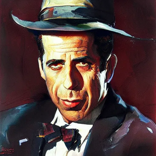 Image similar to humphrey bogart as sam spade, portrait, highly detailed, digital painting, artstation, concept art, sharp focus, illustration, art , style of Dean Cornwell by Dean Cornwell