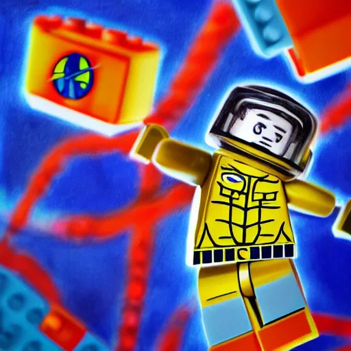 Image similar to lego blocks painting of astronaut in the ocean by fujita, goro, skies, realistic, colorful, positive vibes, cinematic, 3 d, hd