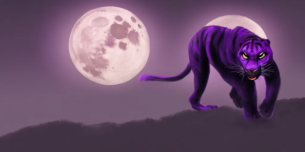 Image similar to digital painting of a large purple colored panther roaring at night. large moon in the center of the background. digital drawing, illustration, 4 k, render, matte, highly detailed, artstation, realistic, dramatic, darkness, moon.