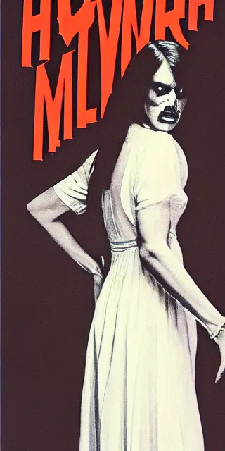 Prompt: Movie poster for a horror film about a tall scary woman in a white dress, 1978