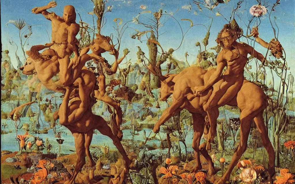 Image similar to a portrait photograph of a meditating satyr and a centaur monk riding a rocket machine and hunting at a river delta. surrounded by bulbous flowers and trees. mountain range under a blue sky of fiery stars. by jan van eyck, max ernst, ernst haeckel, ernst fuchs and artgerm, cgsociety, fashion editorial, 8 k