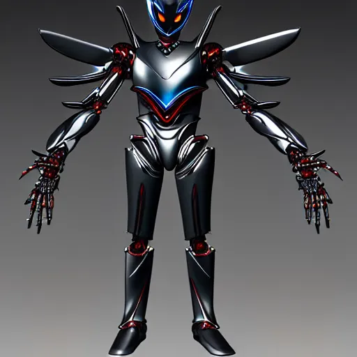 Image similar to Biomechanical Kamen Rider, glowing eyes, daytime, grey rubber undersuit, Guyver Dark Hero inspired armor