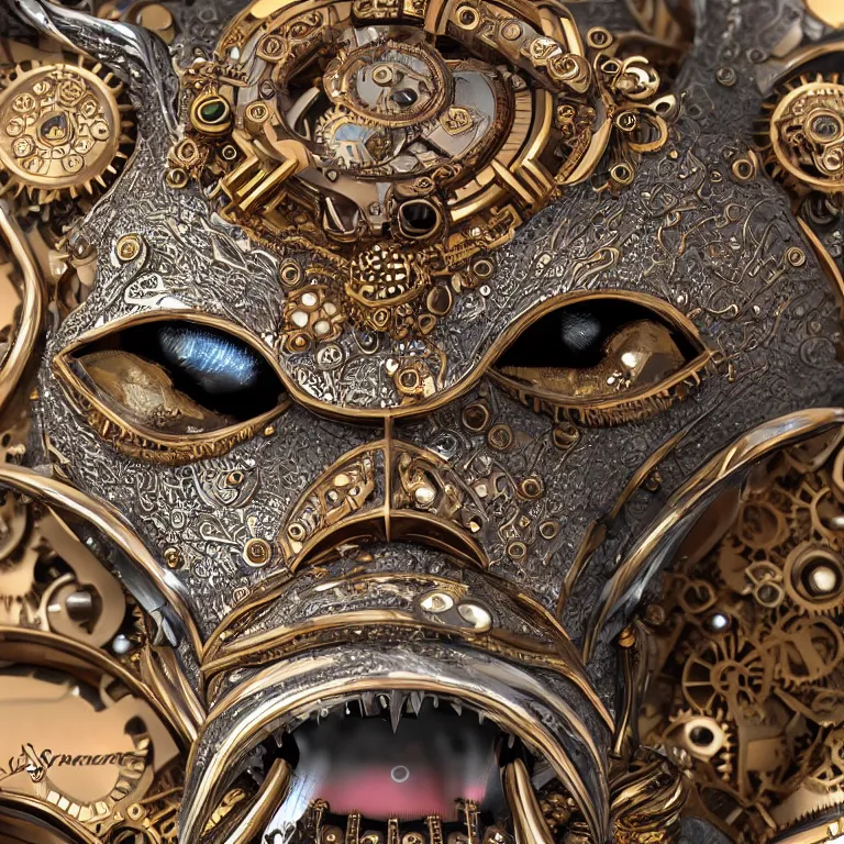 Image similar to A close up symmetric steampunk fox head with sparkling eyes made from ornate engraved full plate armor and Rolex gears and jewels and gems, macro shot by Justin Gerard, unreal engine, detailed, intricate, physically based rendering