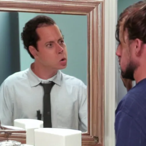 Image similar to jobe from arrested development kissing his own reflection in the mirror