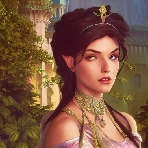 Prompt: beautiful young princess jasmin closeup, palace background, d & d, fantasy, elegant, highly detailed, digital painting, artstation, concept art, matte, sharp focus, illustration, art by artgerm and greg rutkowski and alphonse mucha