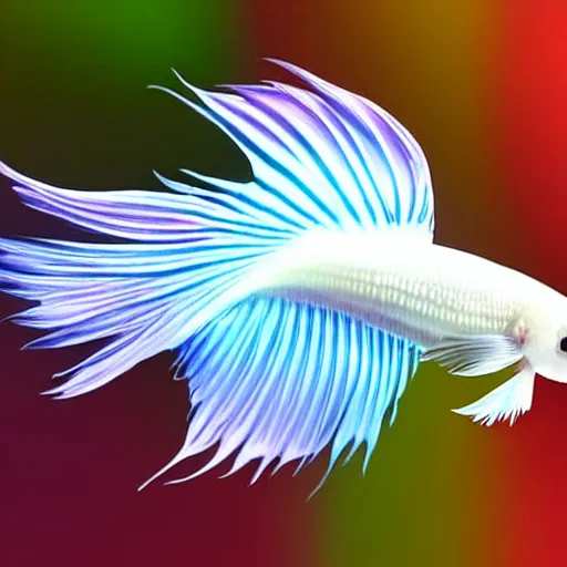 Image similar to a graceful iridescent white betta fish with long swirling fins, black-water-background, full body photo
