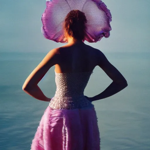 Prompt: Fashion photography of a woman wearing a dress inspired by a jellyfish, from behind, artistic photography, insanely detailed, chiaroscuro, cinestill 800t, Vogue magazine