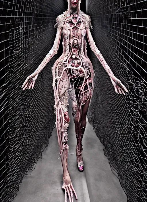 Image similar to walking down the catwalk, steven klein, show, stage, vogue photo, podium, fashion show photo, historical baroque dress, iris van herpen, beautiful woman, full body shot, masterpiece, intricate, wires, veins, jellyfishs, biopunk, guyver, highly detailed