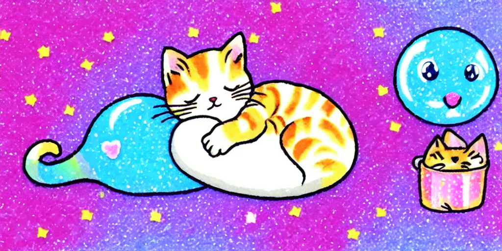 Image similar to a tiny cute kitten sleeping, puffy sticker, glitter sticker, kawaii by studio ghibli, by lisa frank 8 k pastel colours, isometric, smeared watercolours,