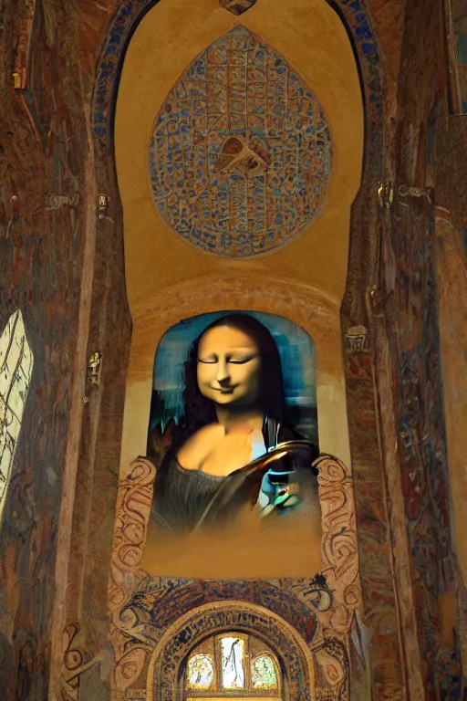 Prompt: ceramic glass collage inlaid frescoes, mona lisa's smile, in the church of san vitale, italy,