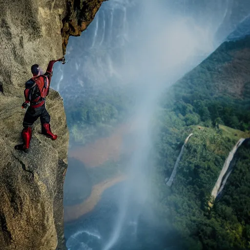 Prompt: man with sword jump of the cliff in front of the waterfall, a close shot from huge dragon, realistic shot, sci - fi, superhero, 8 k, unreal