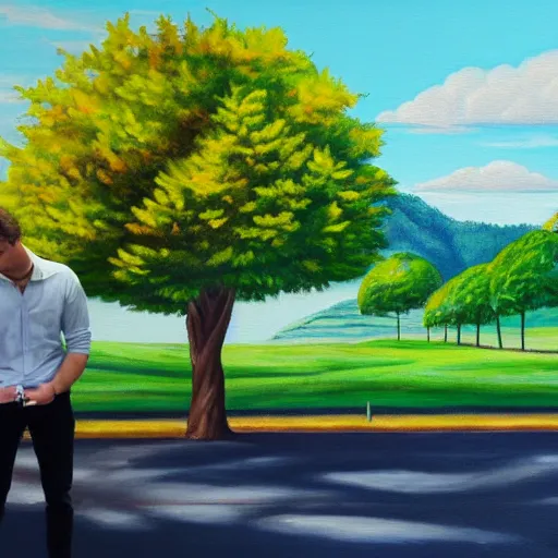 Prompt: a painting of a man standing in a lobby, painting a painting of a car in the street, painting a painting of a tree on a grassy Sunny Hill